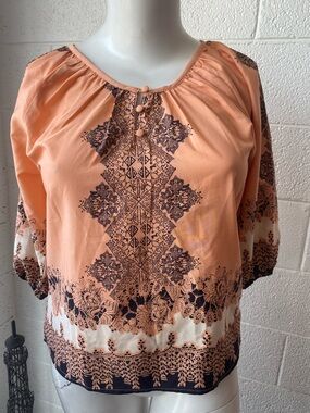Peach Printed Peasant Blouse with Button Front